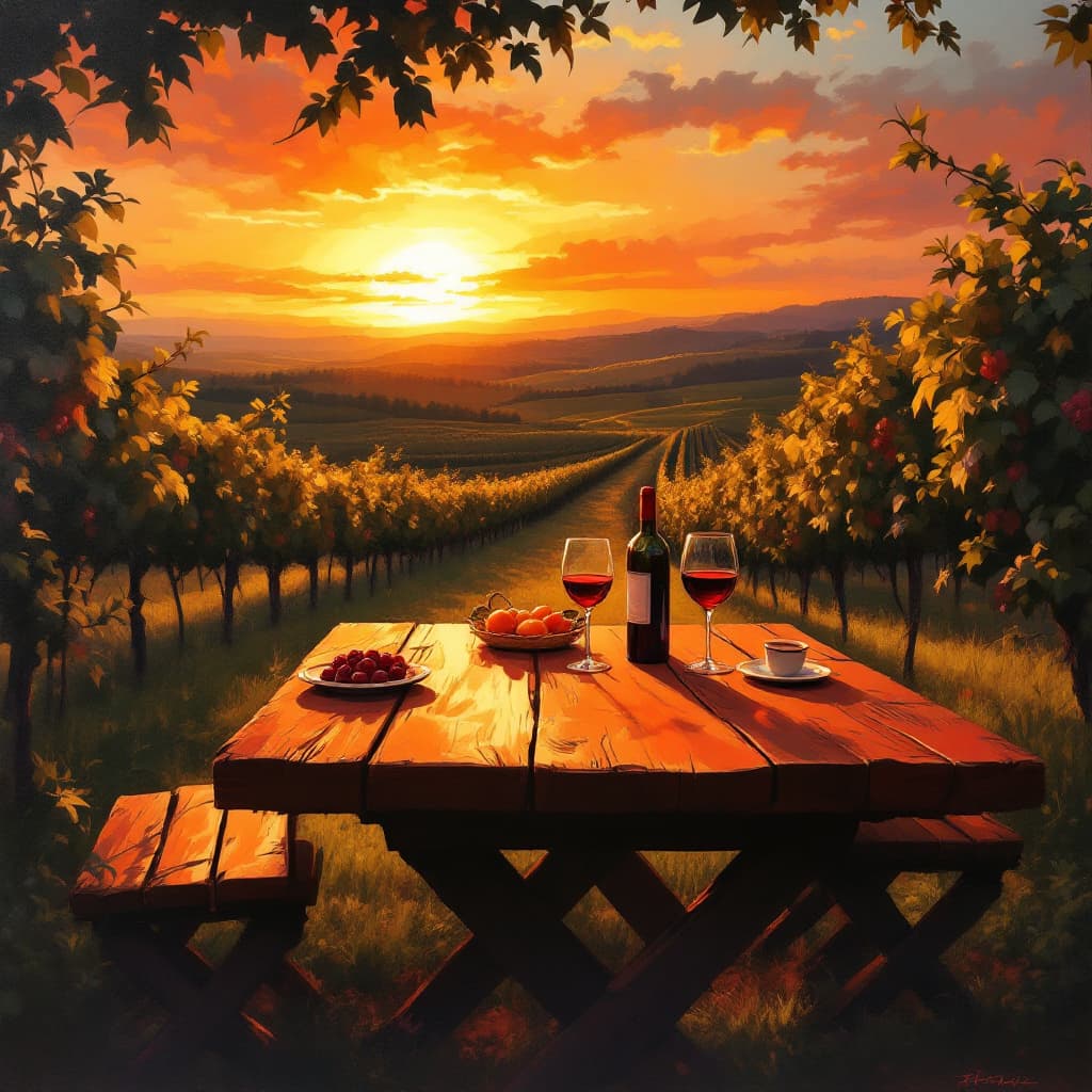 AI generated: Une scène intime dans un vignoble, une table en bois avec un verre de vin rouge au centre, entourée ...