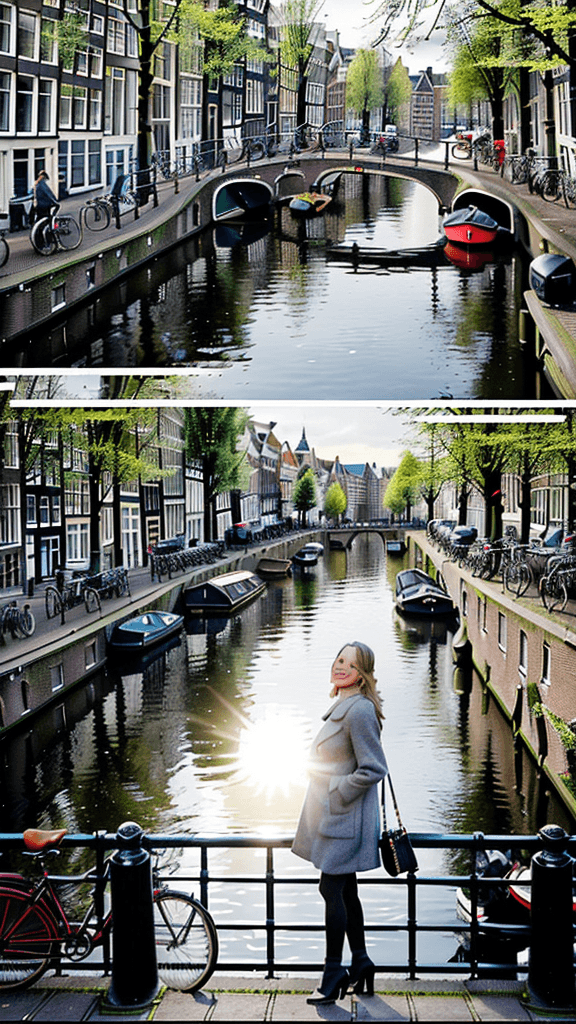 AI generated: Create an image of a woman enjoying an afternoon in Amsterdam. She is standing on a bridge beside a ...