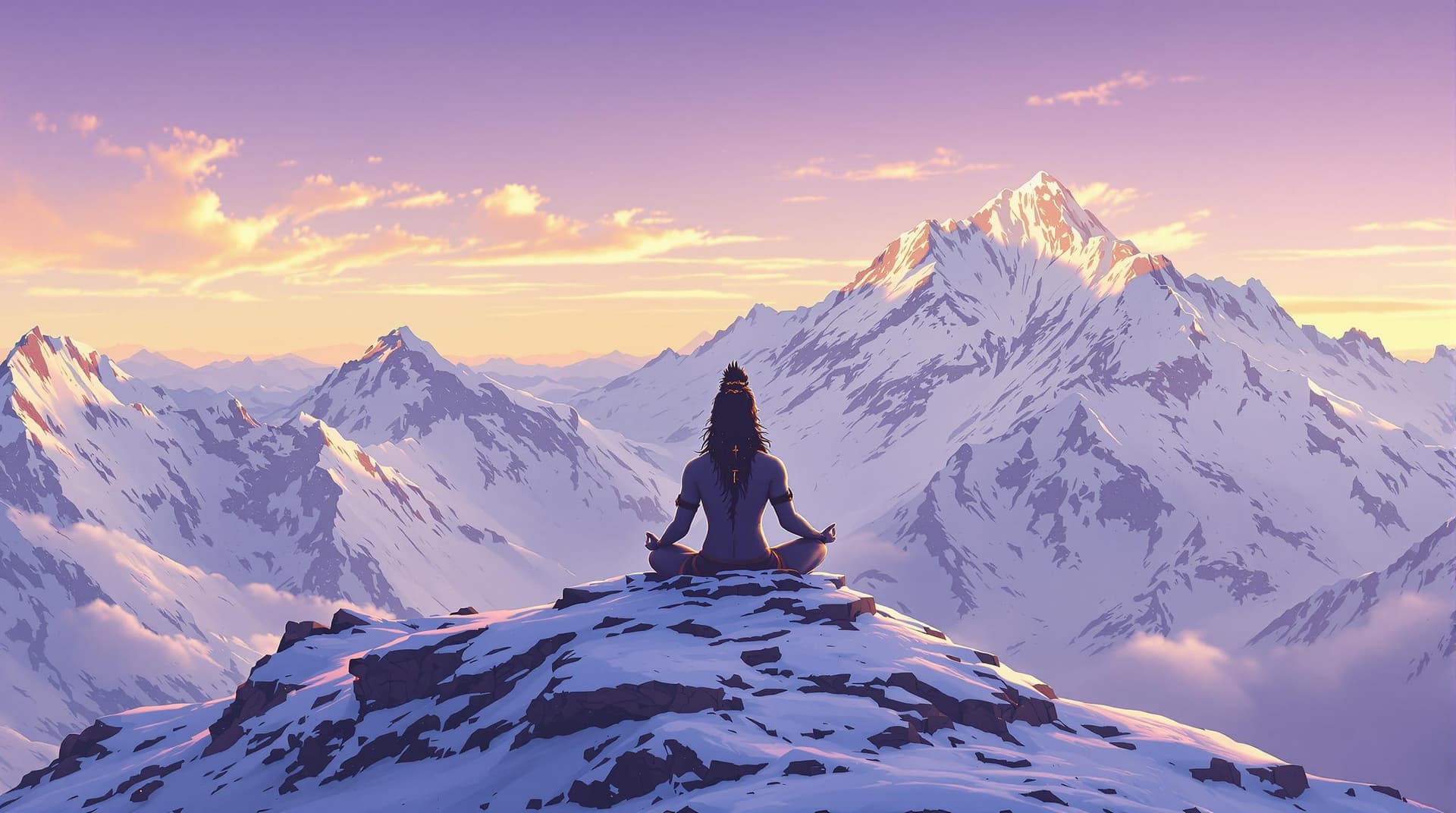 AI generated: "Illustrate Shiva in deep meditation on a snowy Himalayan peak, where the sky is softly transitionin...