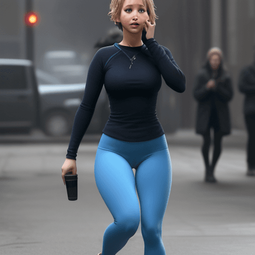 AI generated: jennifer lawrence, cute, sad, make up, leggings, tight blue longsleave, crying, full body