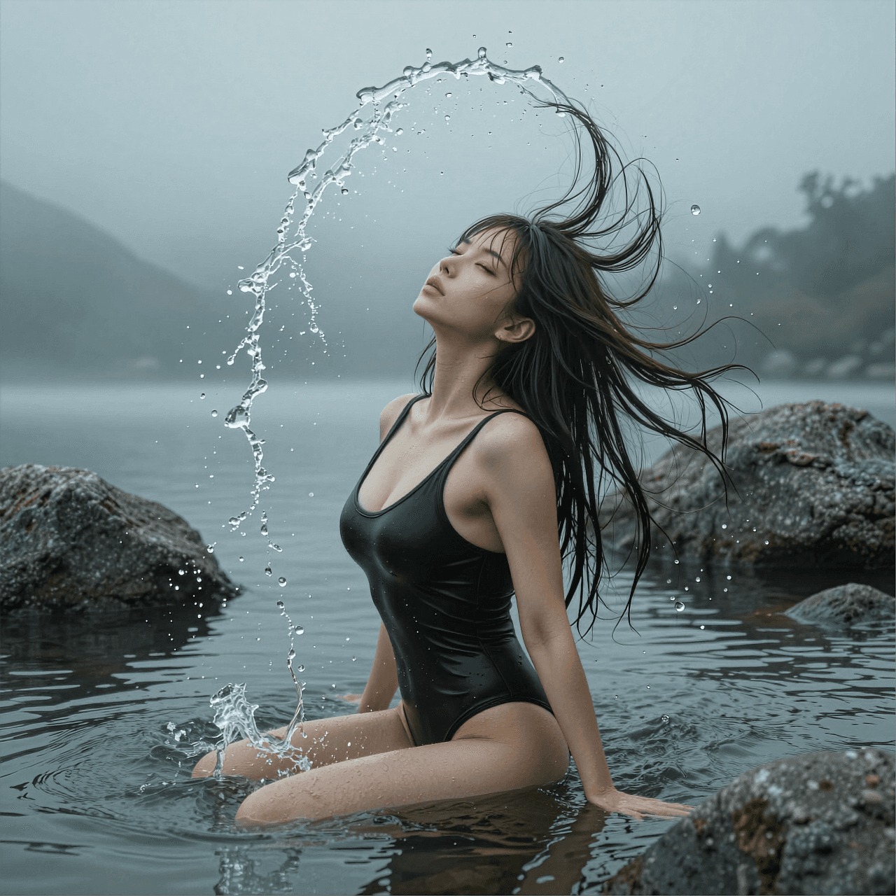 AI generated: A high-shutter-speed photorealistic action portrait of a beautiful woman with long straight dark hai...
