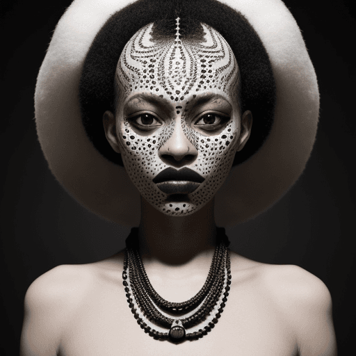 AI generated: woman with patterned skin, looking into the camera, fashion photography, surrealistic look, tribe lo...