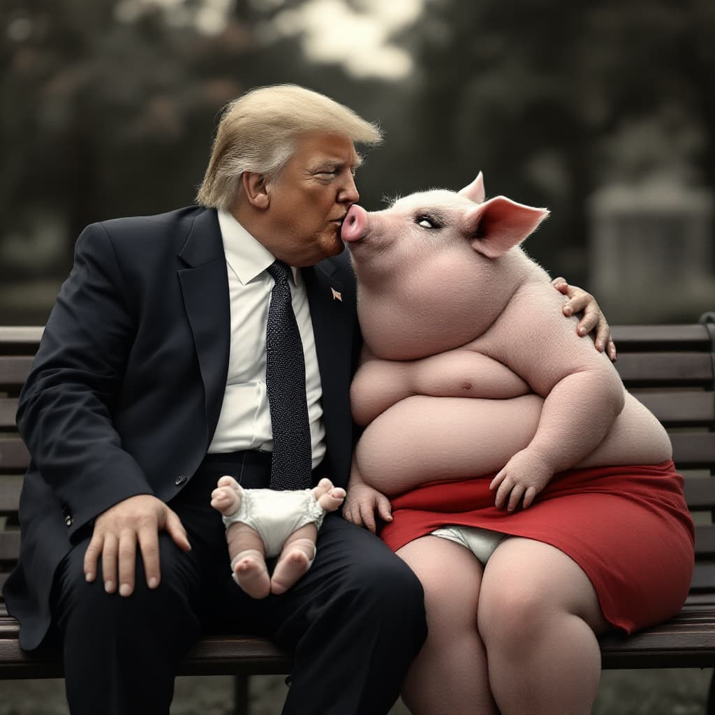 AI generated: Donald Trump with tiny hands wearing diapers, sitting next to a fat sow with lipstick and kissing he...