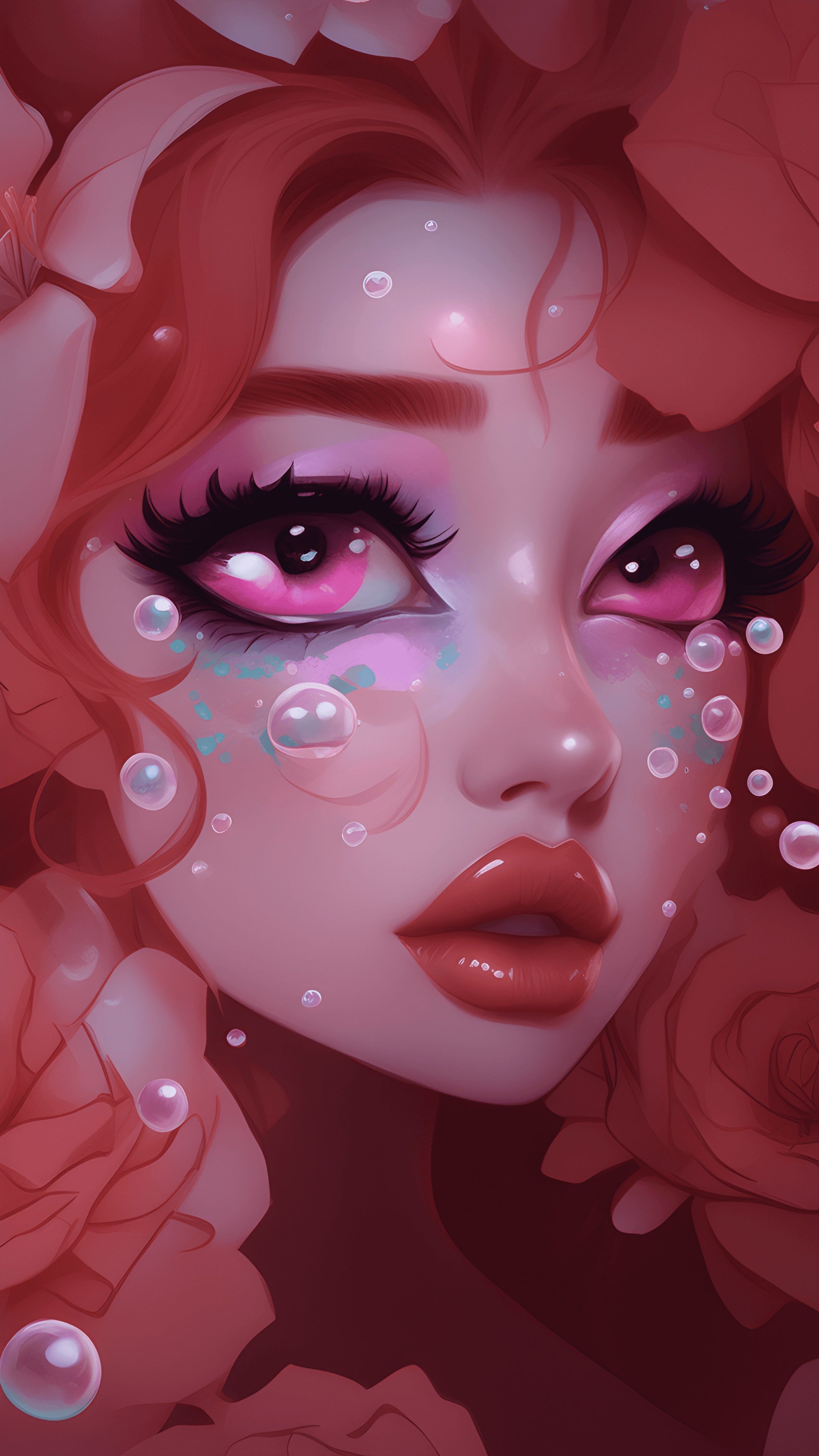 AI generated: a close up of a girl with flowers on her face, digital art, inspired by loish, pearls, pink angry bu...