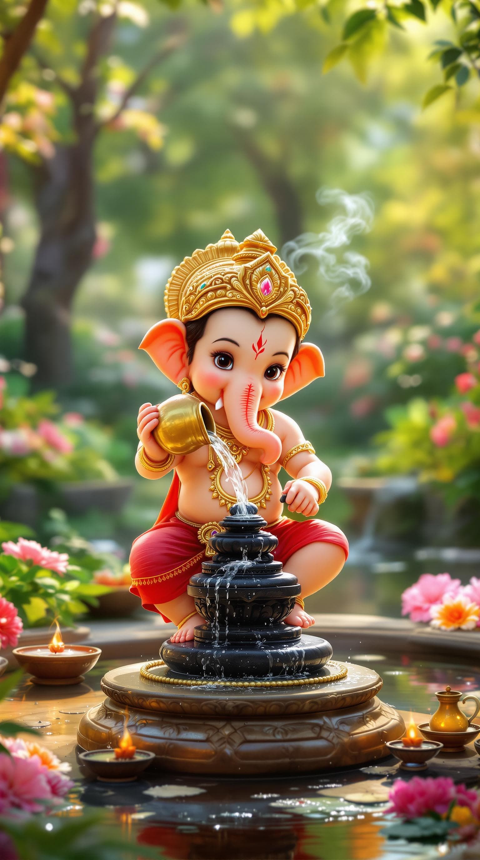 AI generated: "A highly detailed, ultra-realistic 8K image of baby Lord Ganesha performing a sacred ritual in a lu...