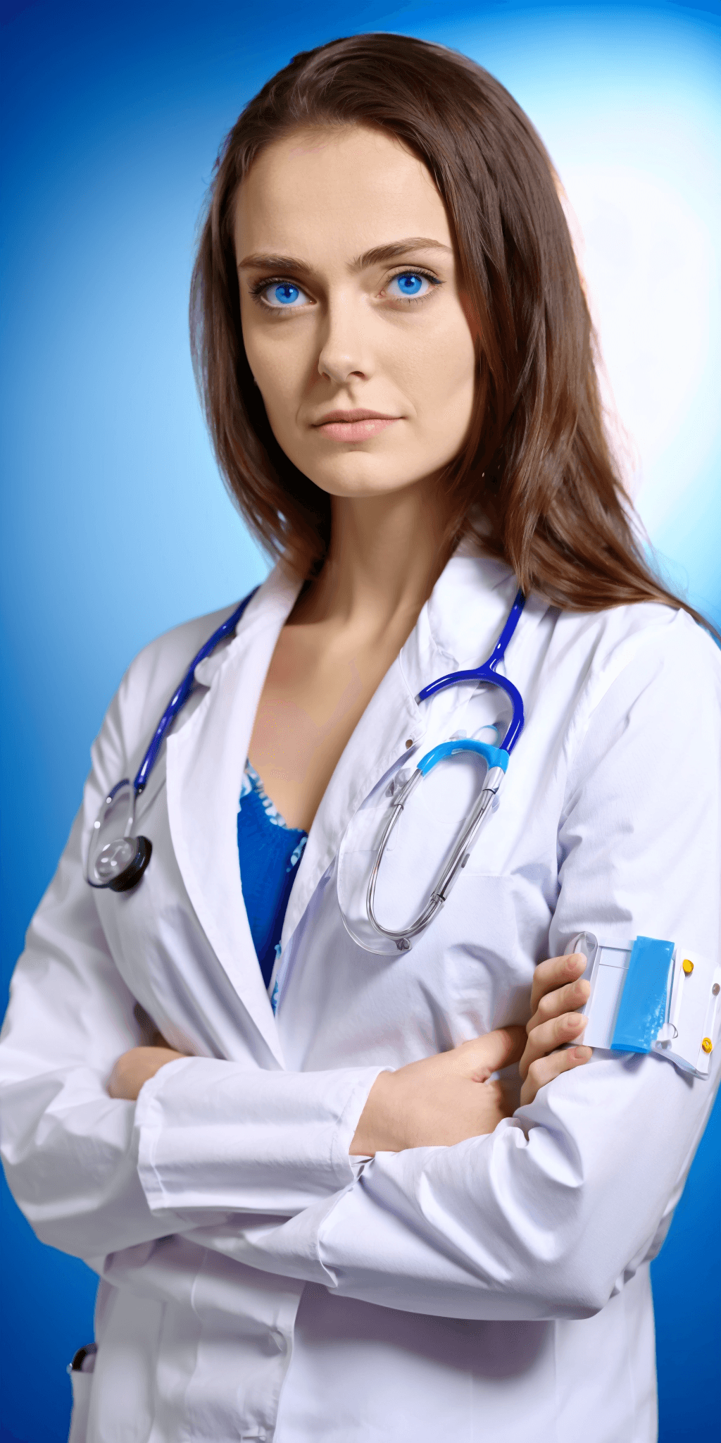 AI generated: Professional doctor, blue eyes, serious look, full body shot, arms crossed, medical office