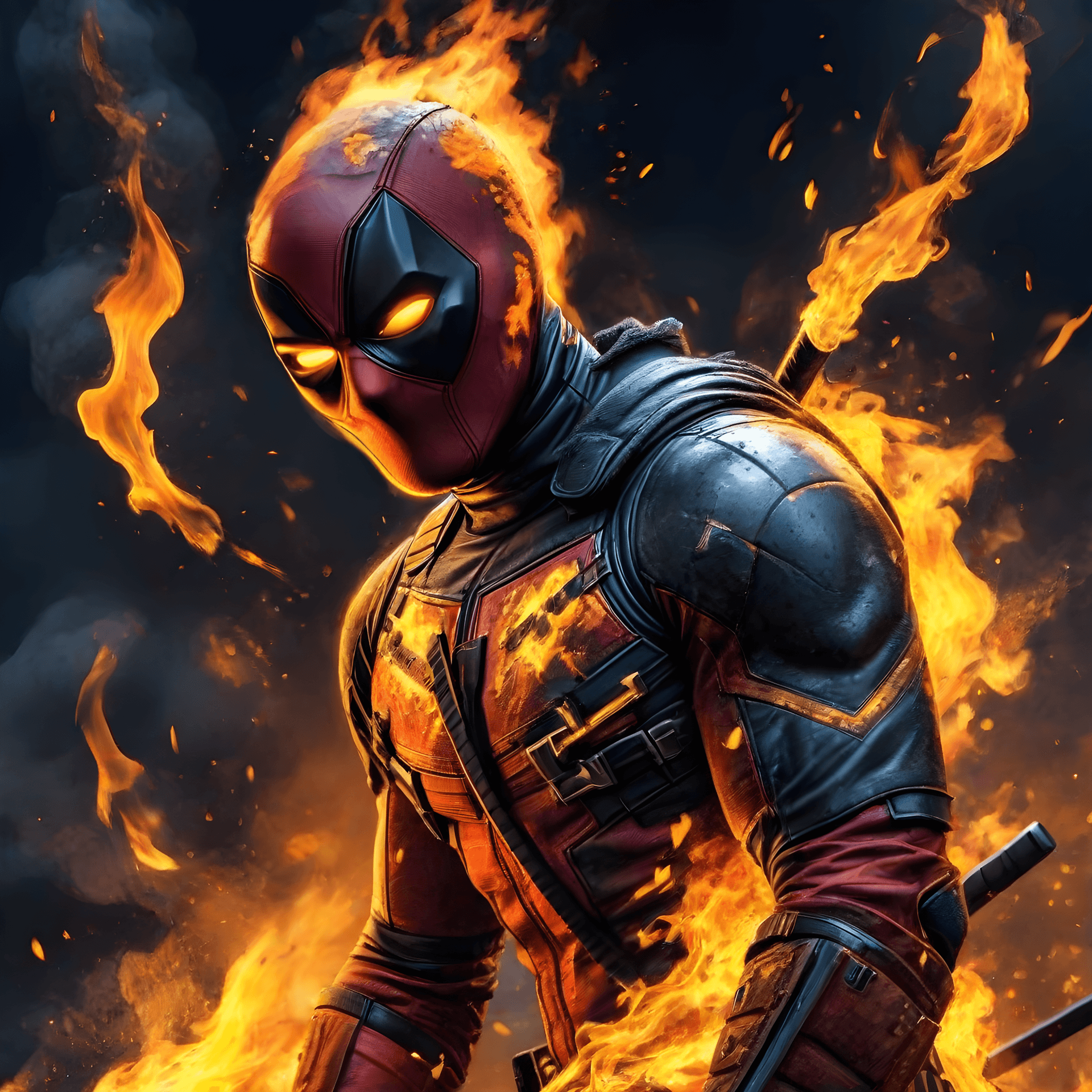 AI generated: Vengeance Deadpool, Digital art, Modern era, Utilization of vibrant oranges and yellows against a da...