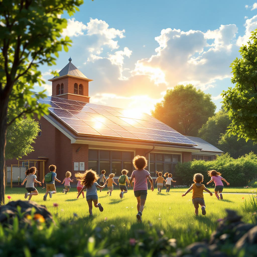 AI generated: There is a solar power plant on the roof of an elementary school, and children are running and playi...
