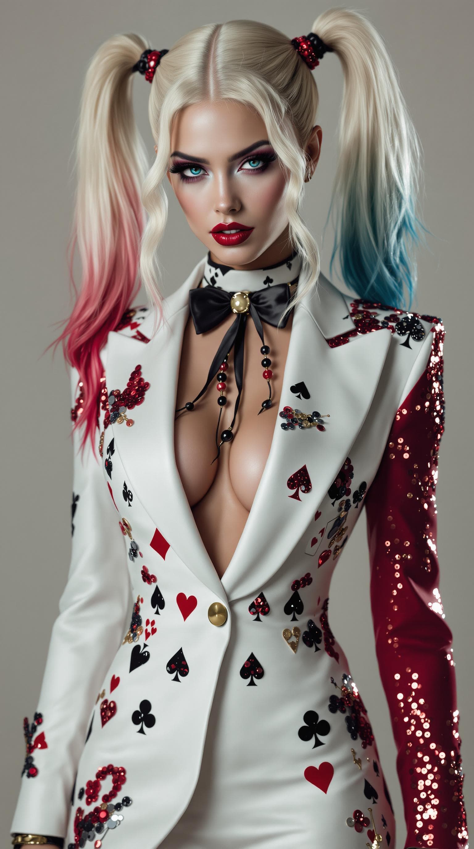 AI generated:   A photorealistic portrayal of the fictional character Harley Quinn as a high-fashion model, donnin...
