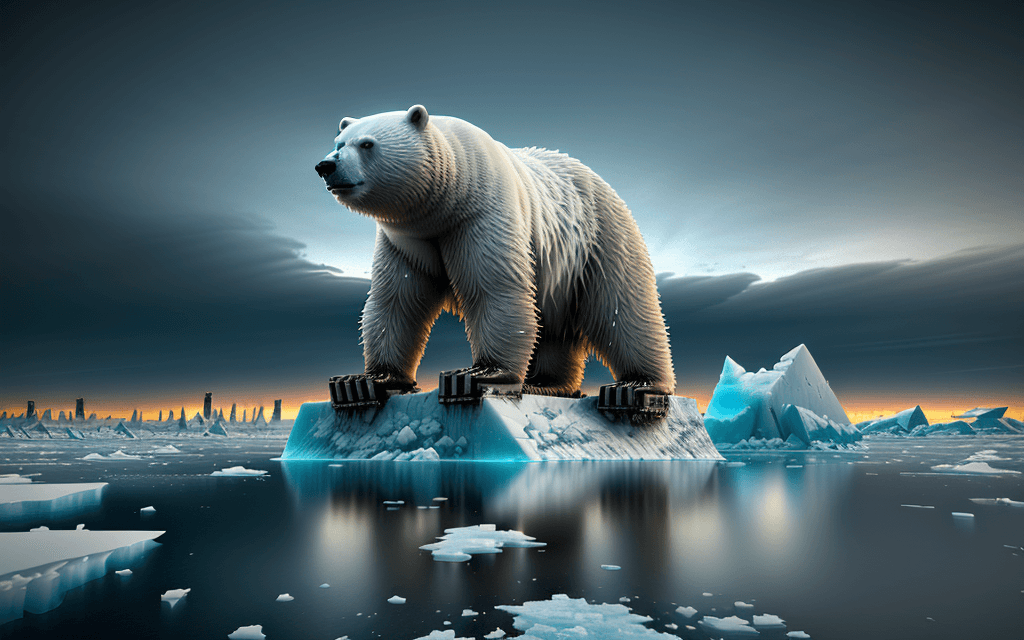 AI generated: landscape, post-apocalyptic, cyberpunk, of a polar bear, standing on a floating iceberg, in front of...