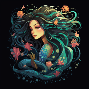 AI generated: t-shirt design, an anime mermaid, swimming underwater, filled with shimmering colors, surrounded by ...
