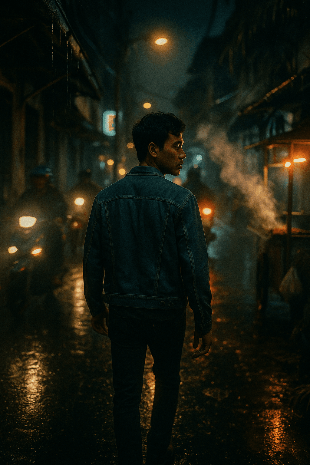 AI generated: a young Southeast Asian man in a denim jacket walking slowly through a narrow Jakarta street at nigh...