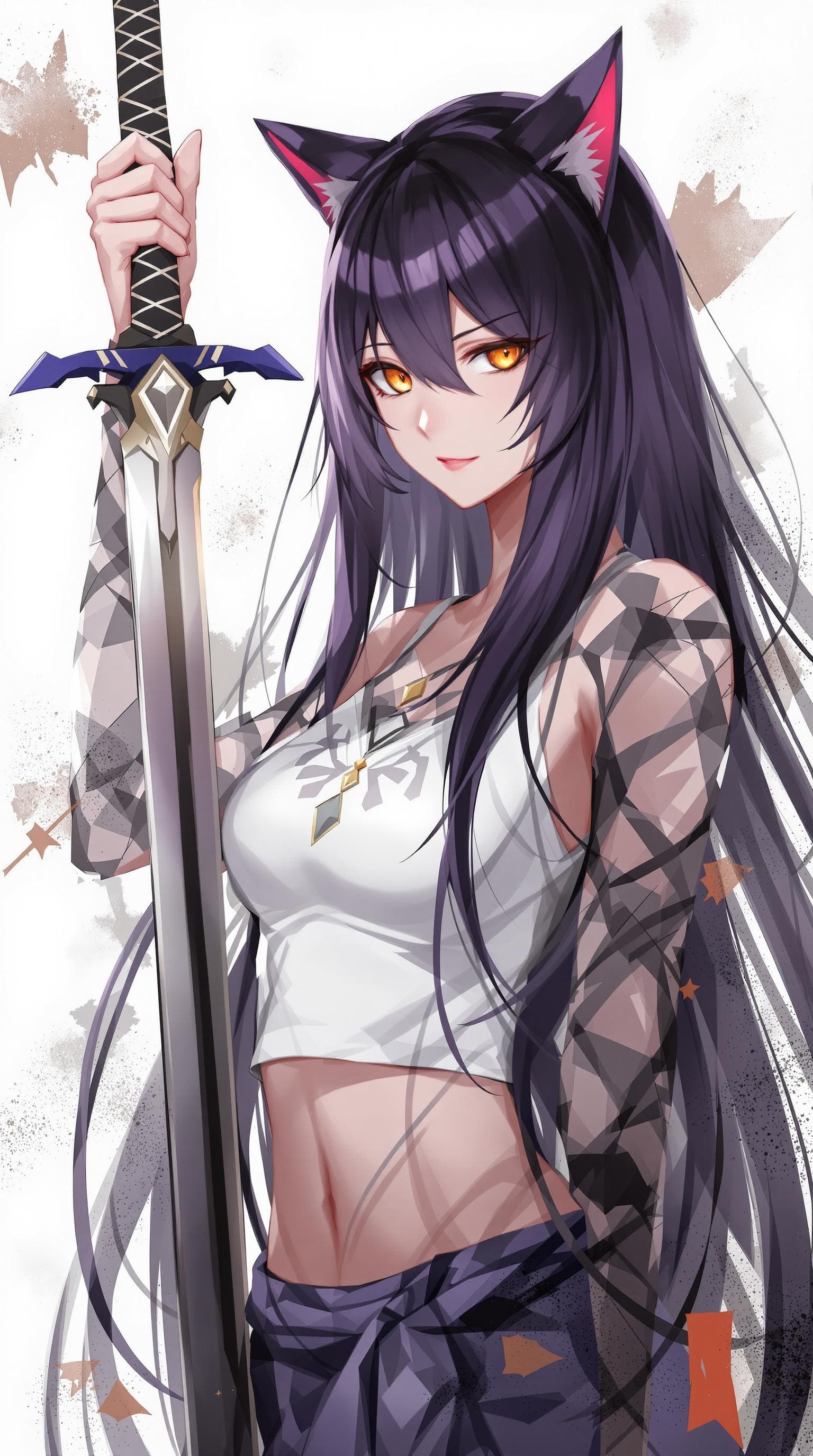 AI generated: 1 woman, weapon longsword, long hair, dark purple hair,cat ears, white background, solo, looking at ...
