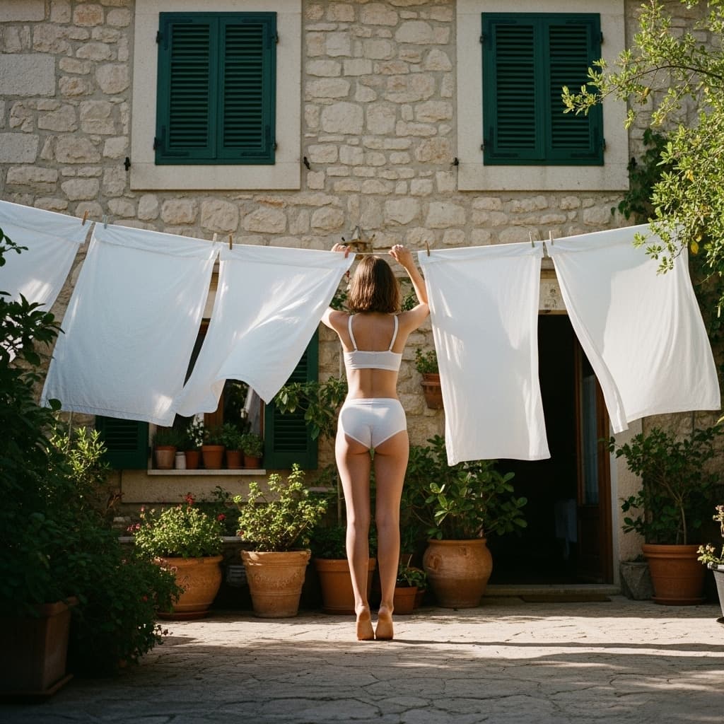 AI generated: photo of a 18 year old woman in white lingerie hanging laundry on a clothesline in a rustic Mediterr...