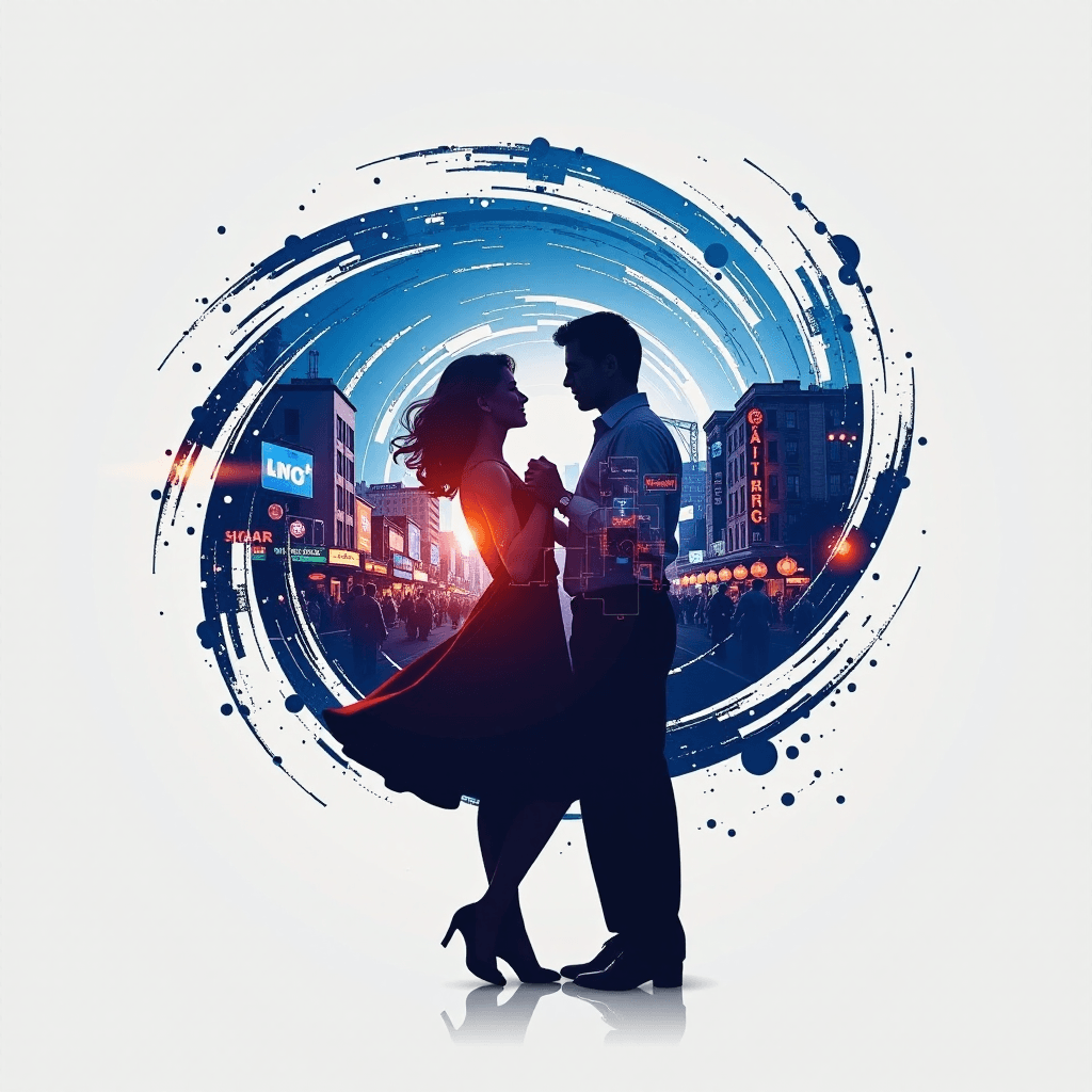 AI generated: A silhouette of a couple dancing, framed within a swirling vortex of blue and white energy on a star...