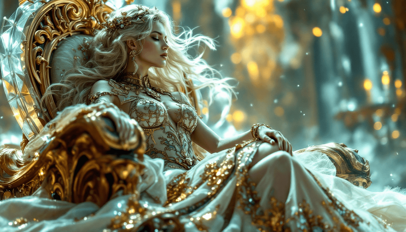 AI generated: Fantasy ,goddess of love and erotic  on a glass,golden throne, epic giant ,intricate details, orname...