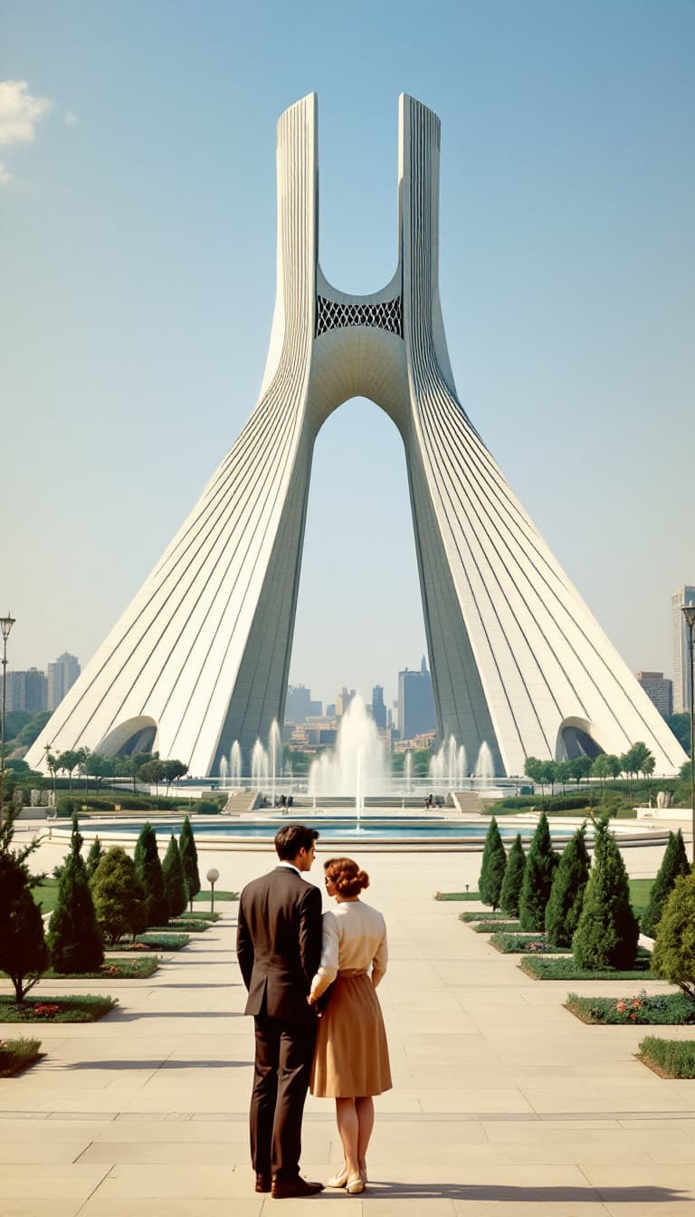 AI generated: A young couple from the 1950s stands in Tehran’s iconic **Azadi Square (formerly Shahyad Square)**, ...