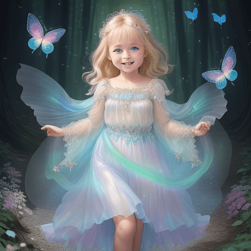 AI generated: a 4-year-old blonde girl with blue eyes and plumper cheeks,smiles,  clothes are adorned with shimmer...