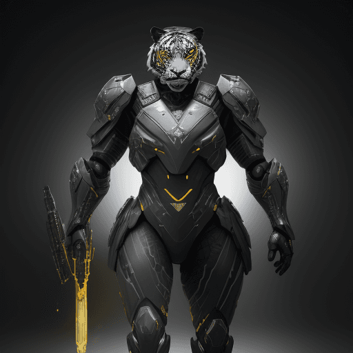 AI generated: Agile black tiger soldier character, anthropomorphic figure, wearing futuristic soldier armor and we...