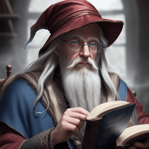 AI generated: award winning waist up photo of a rugged fantasy wizard, 8K, red wizard hat, wearing torn wizard rob...