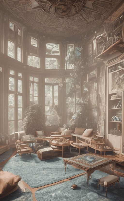 AI generated: High resolution photography interior design, dreamy sunken living room conversation pit, wooden floo...
