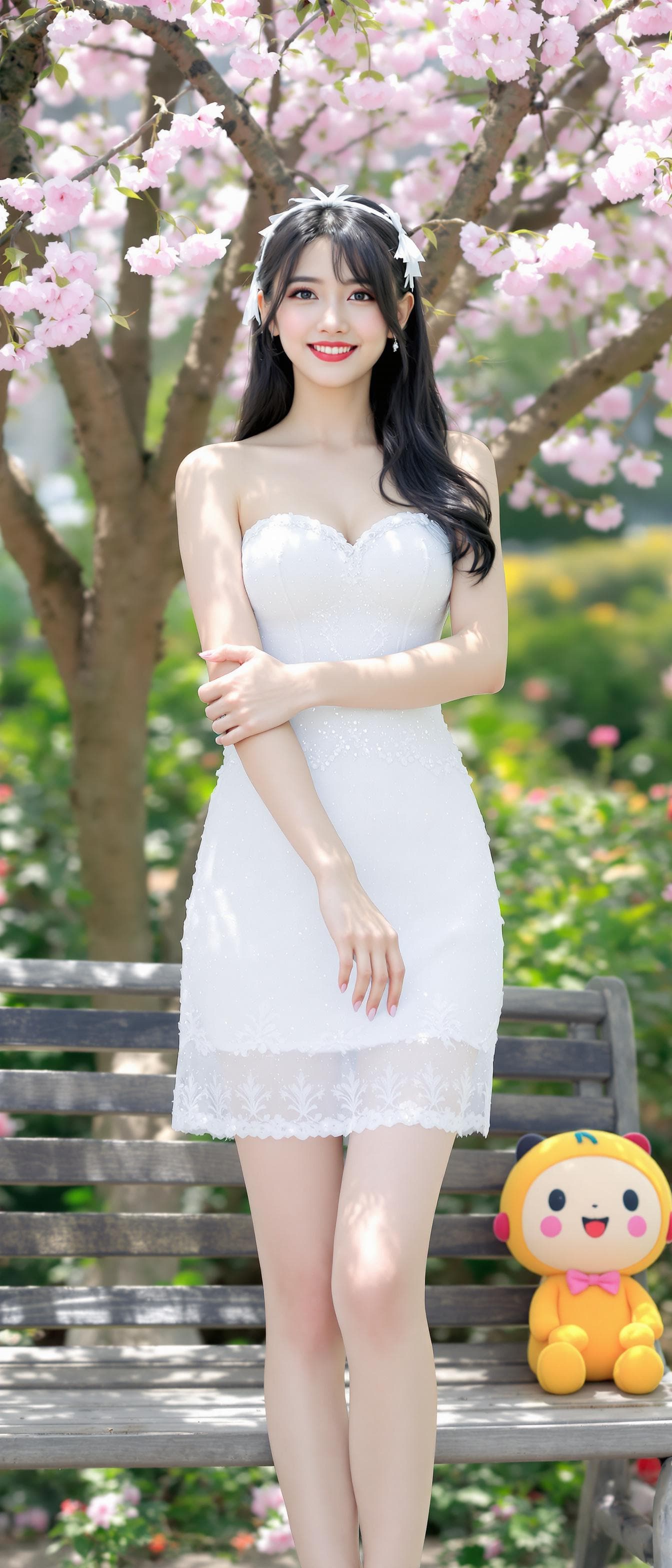 AI generated: a woman, indonesian woman, outdoors, garden, cherry blossoms, standing near the tree, cross arms, bl...