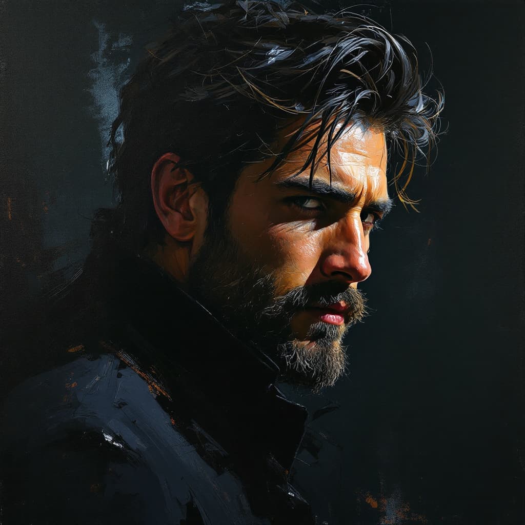 AI generated: painting of a man, in the style of brushstroke-intensive portraits, cinematic elegance, Night light,...