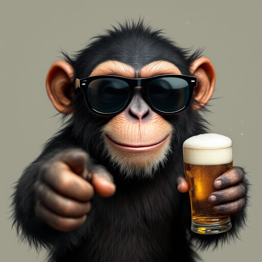 AI generated: A smiley monkey with dark glasses and a beer in hand pointing towards the camera