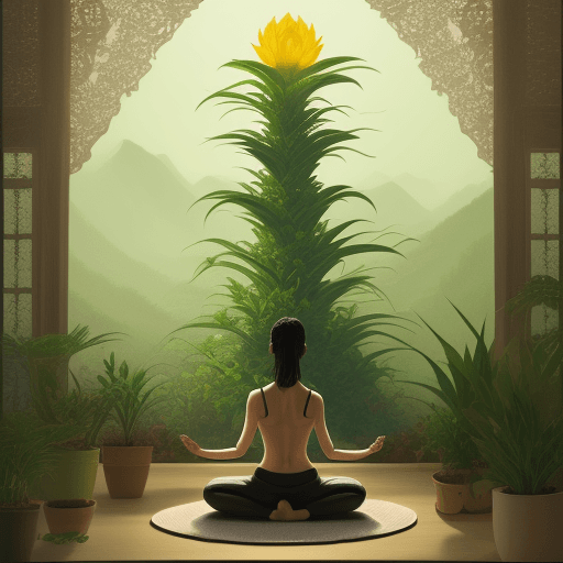 AI generated: A plant reaching upward and a meditating woman landscape