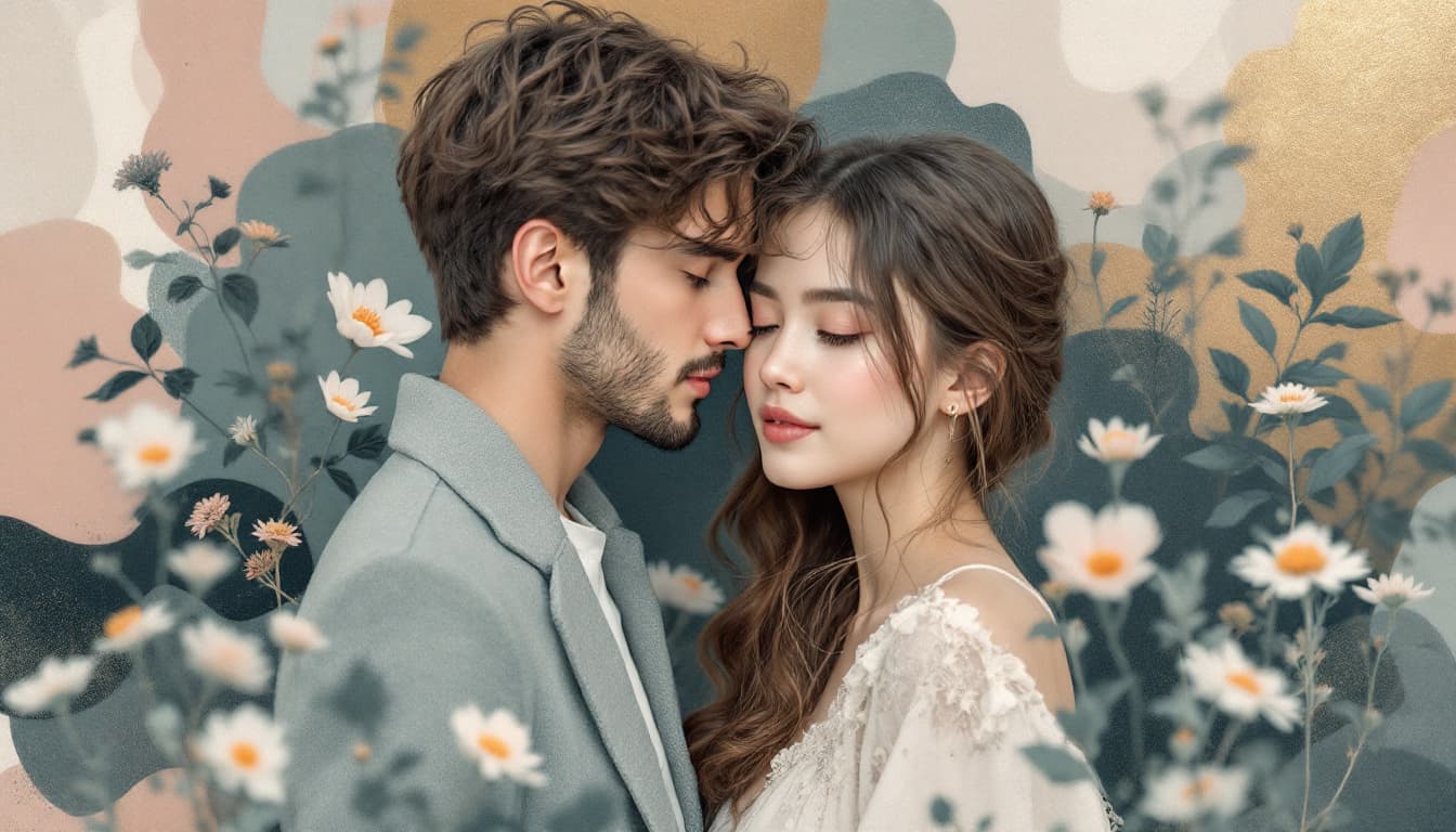 AI generated: Create a young couple of 20 years old, in the garden look expectador in a composition with a soft an...