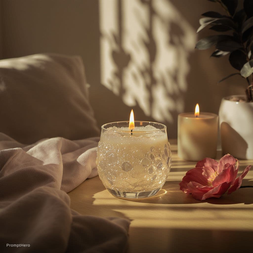 AI generated: A burning bubble candle in a stylish modern apartment, placed on a wooden table, warm ambient lighti...