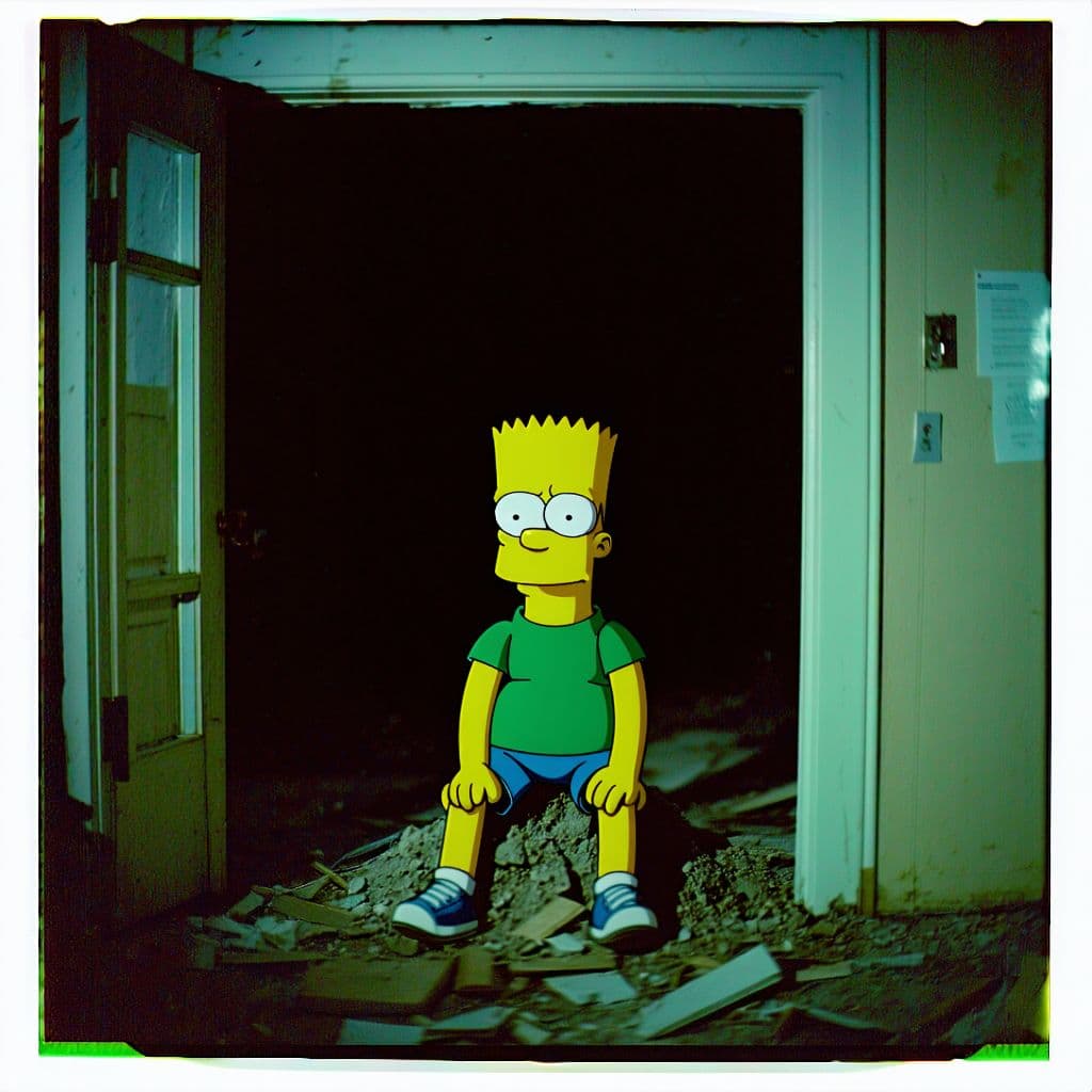 AI generated: grainy 80's photograph quality polaroid of bart simpson suicide caught in an abandoned house, dark