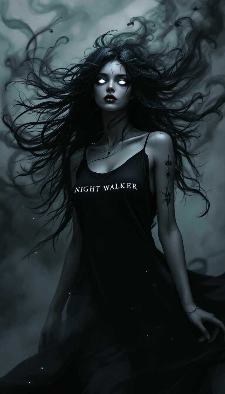 AI generated: A hyper-realistic portrait of a female shadow being with deep void skin and long, swirling, wispy bl...