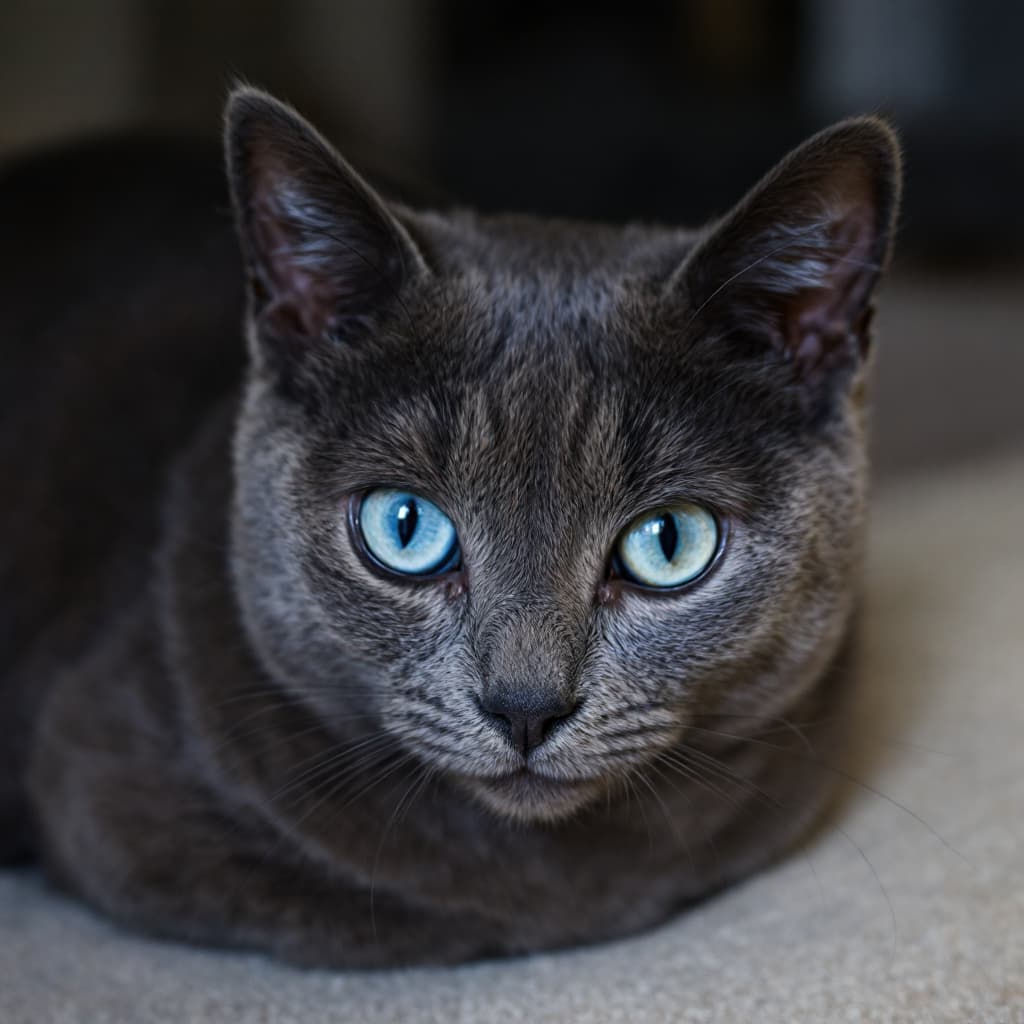 AI generated: dark grey cat with blue eyes