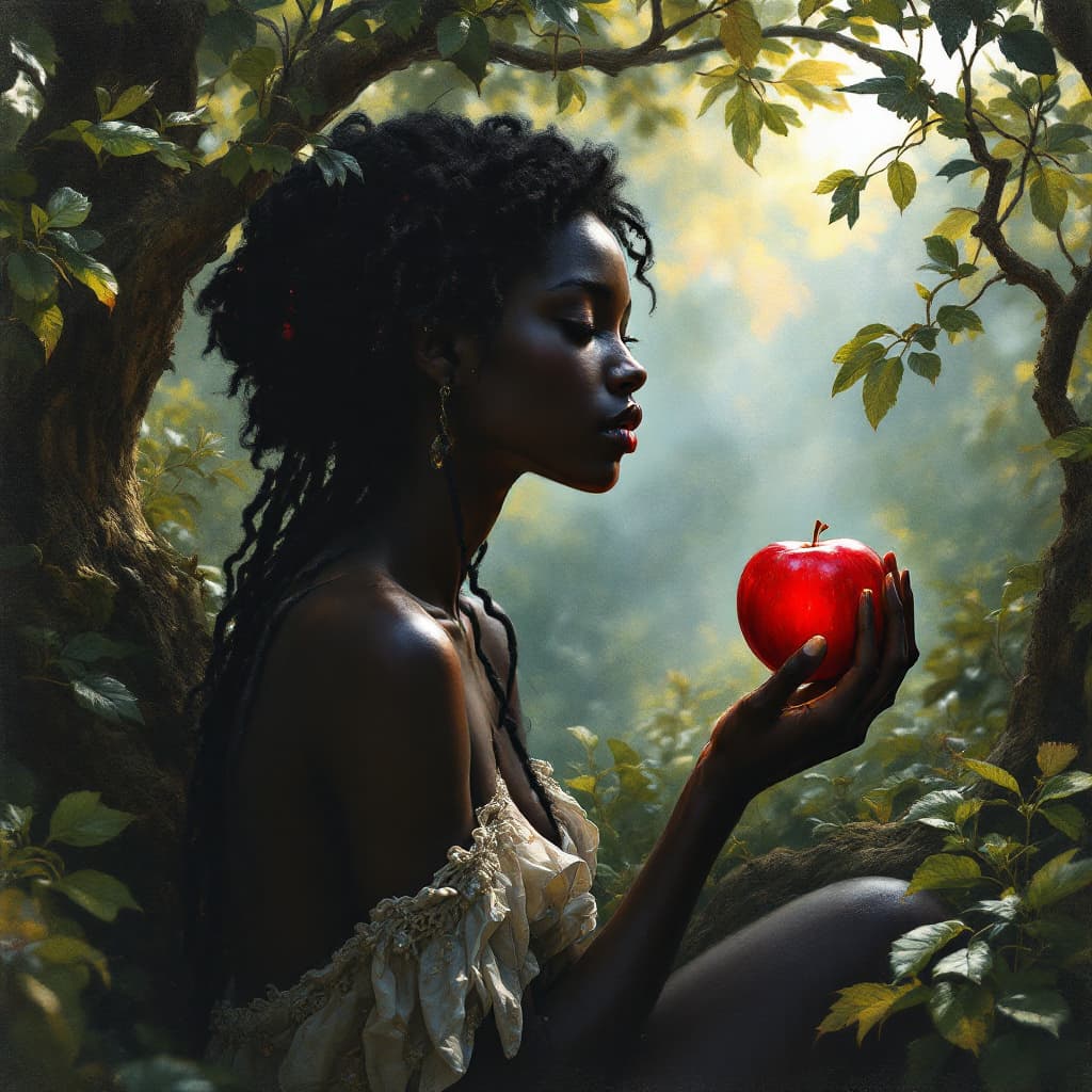 AI generated: black eve holding an apple in the garden of eden.