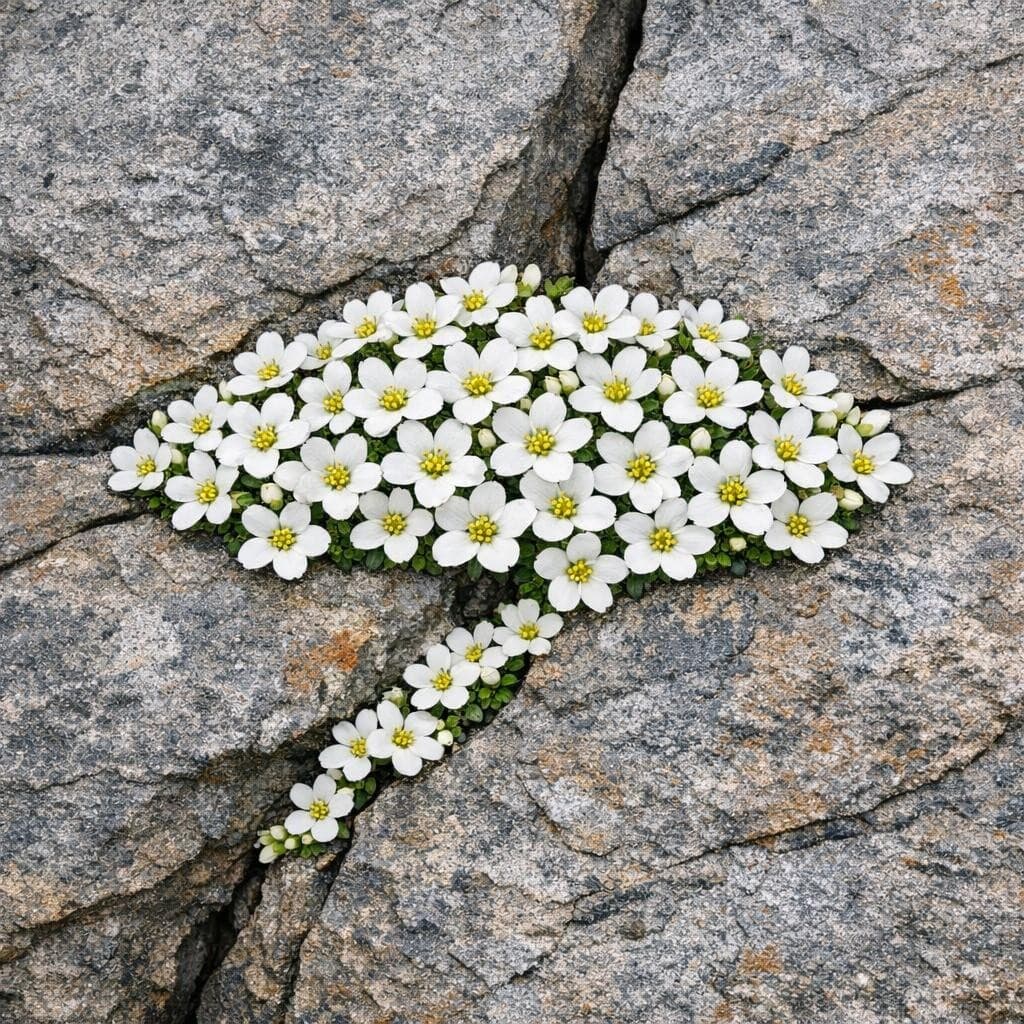 AI generated: Create a that comes in white, blue, yellow or pink flower that grows out of cracks in rocks but bloo...