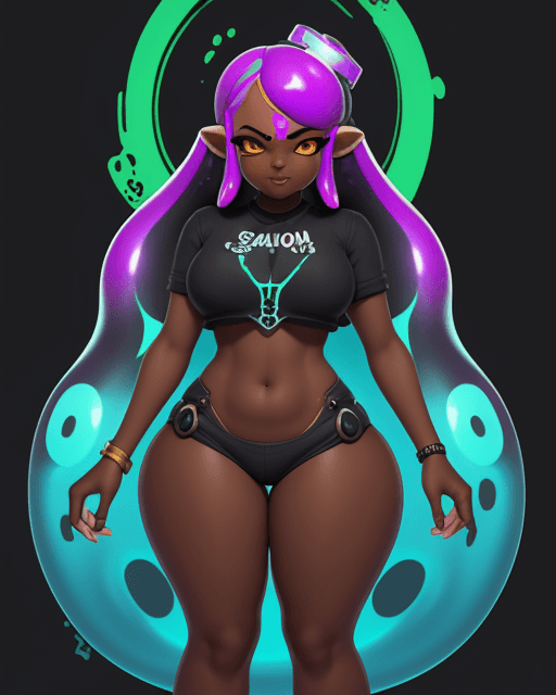 AI generated: Splatoon, dark skin, inkling goddess, mind control, future tech, large chest, thick thighs