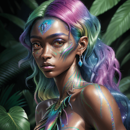 AI generated: This magnificent half human creature with rainbow iridescent skin color, shiny and sparkling, in the...