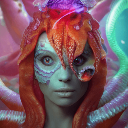 AI generated: Goddess close-up portrait ribcagel. jellyfish phoenix head, nautilus, orchid, skull, betta fish, bio...