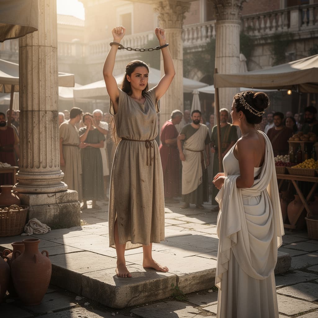 AI generated: hyper realistic photograph of an woman  standing nude on a stone slave market platform, arms raised ...