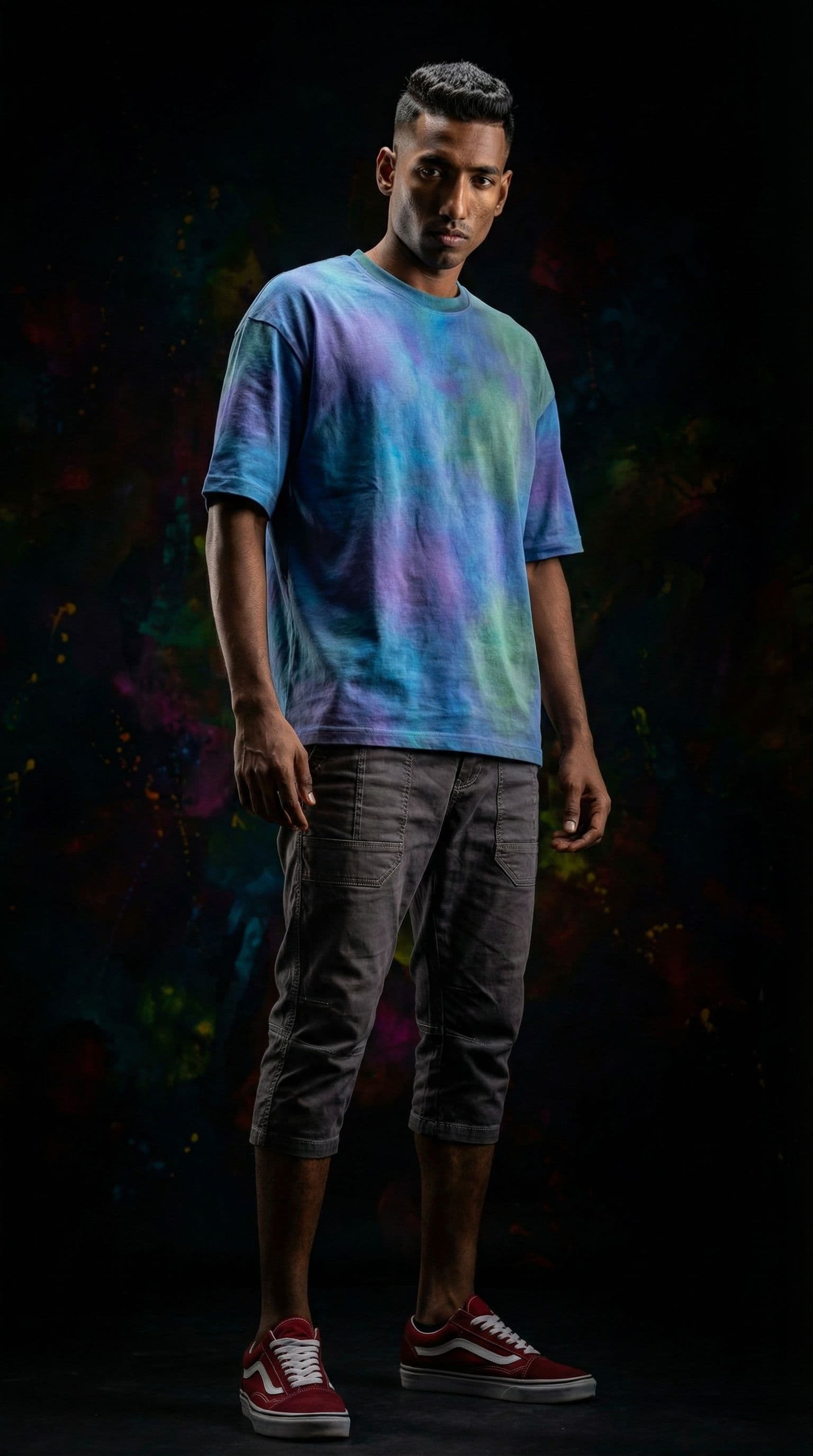 AI generated: fashion photograph, front shot, full body, male model, gaze to front, provocative stare, short styli...