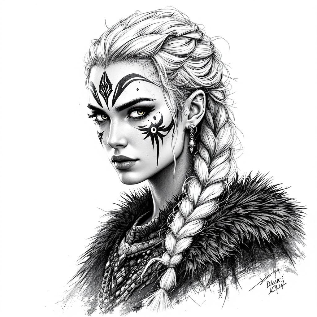 AI generated: black and white drawing of a Viking warrior woman with braided hair, wearing war paint on her face, ...