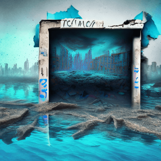 AI generated: Destroyed modern city underwater covered with silt, algae, swim a lot of beautiful colorful fish, be...