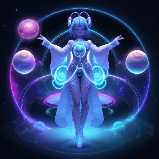 AI generated:  Generate a character design for a cosmic DJ pinguim who harnesses the energy of celestial bodies to...