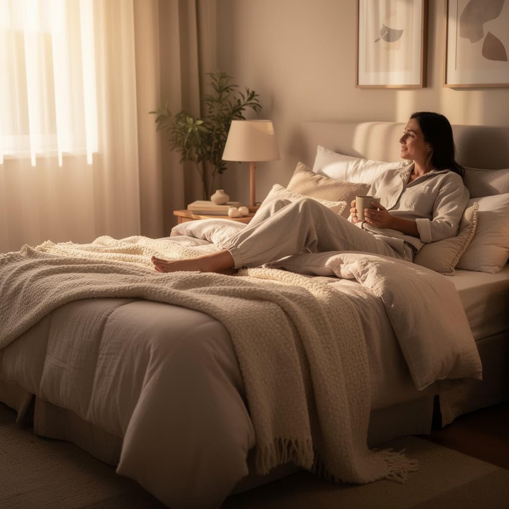 AI generated: take a photo showing soft linens by someone enjoying themselves to the fullest in bed