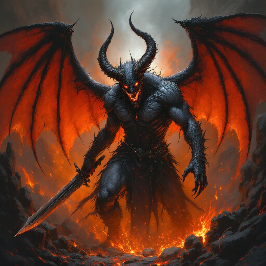 AI generated: erotic demon,very angry ,glowing eyes,with a sword,in hell,wings