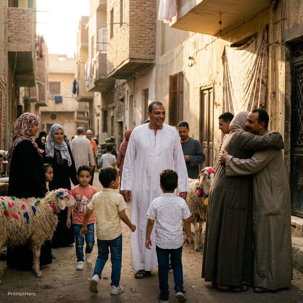 AI generated: Ultra realistic Egyptian Eid al-Adha celebration in a traditional Egyptian neighborhood at sunrise, ...