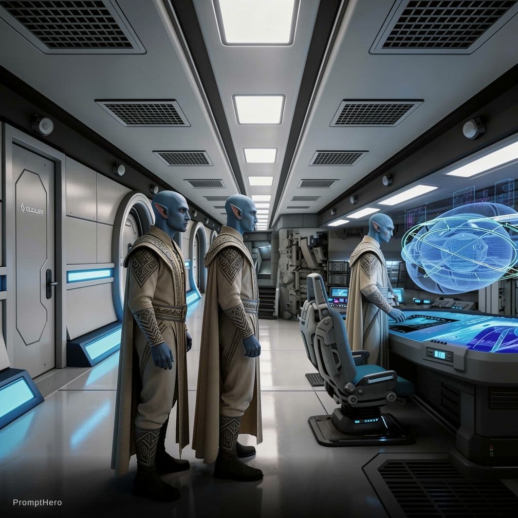 AI generated: Sci-Fi Cinematic Scene. Show three male characters looking at the console.  Unreal Engine 5 realism.