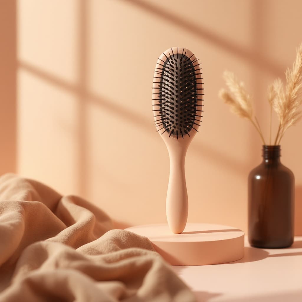 AI generated: minimalistic deign hair brush, not too close, in a good quality, then with a professional camera, in...