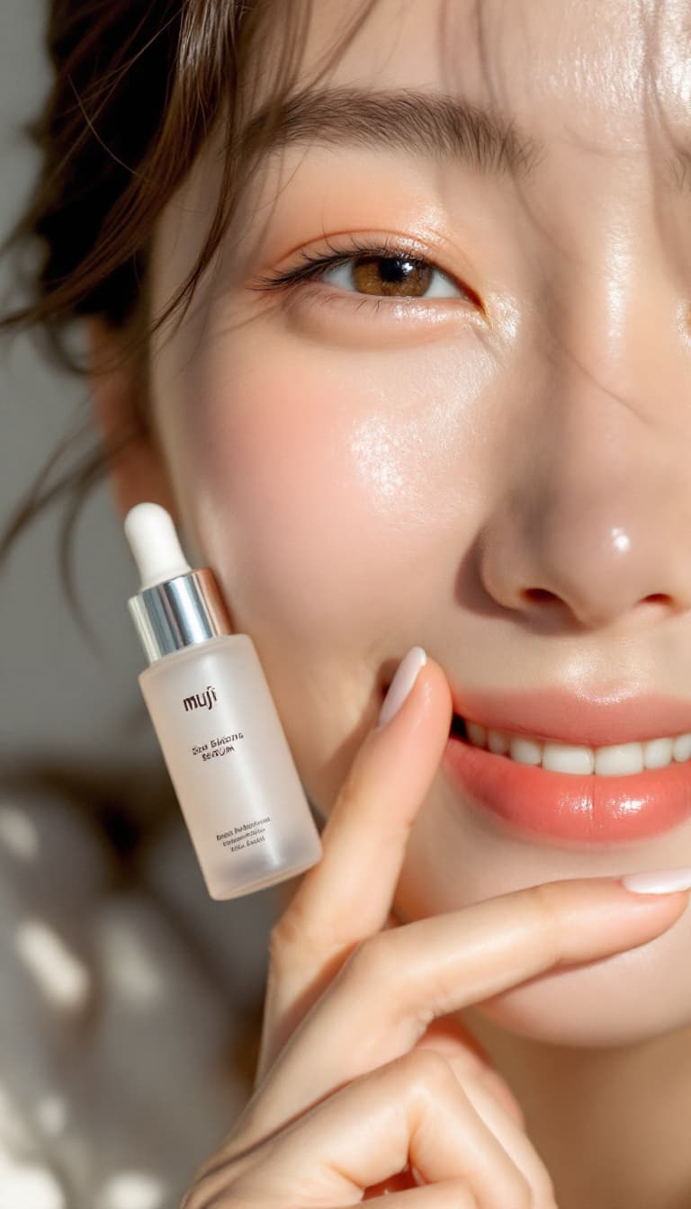 AI generated: Skincare photography, in muji style, close up shot, Japan model with happiness expression, she is ho...